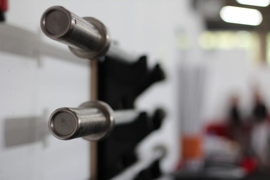 barbells on a rack