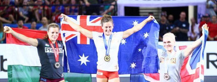 womenspodium-2018crossfitgames Laura Horvath, Tia-Clair Toomey and Katrin Davidsdottir, left to right, on the podium of the 2018 CrossFit Games. Photo courtesy of CrossFit Inc.